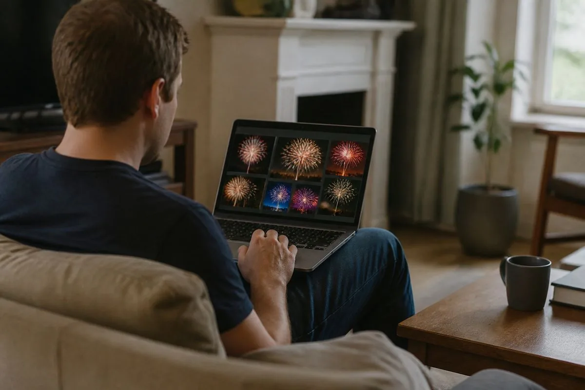 A customer browsing fireworks on a laptop at home