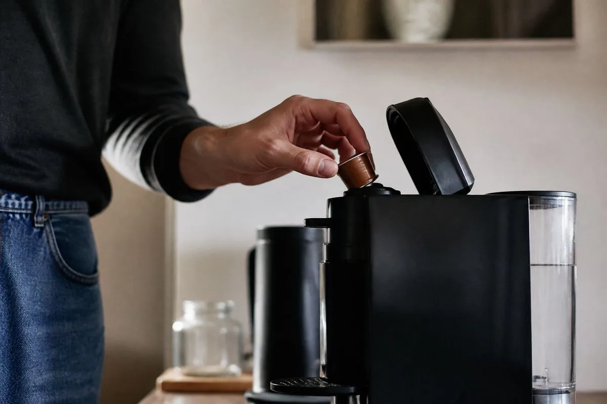 A person placing a coffee capsule into a machine.