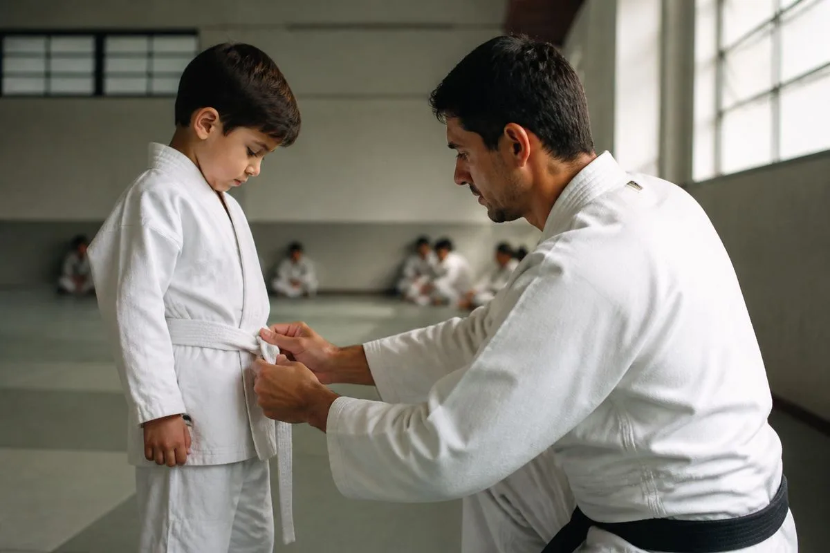 A martial arts instructor awarding a white belt to a young student