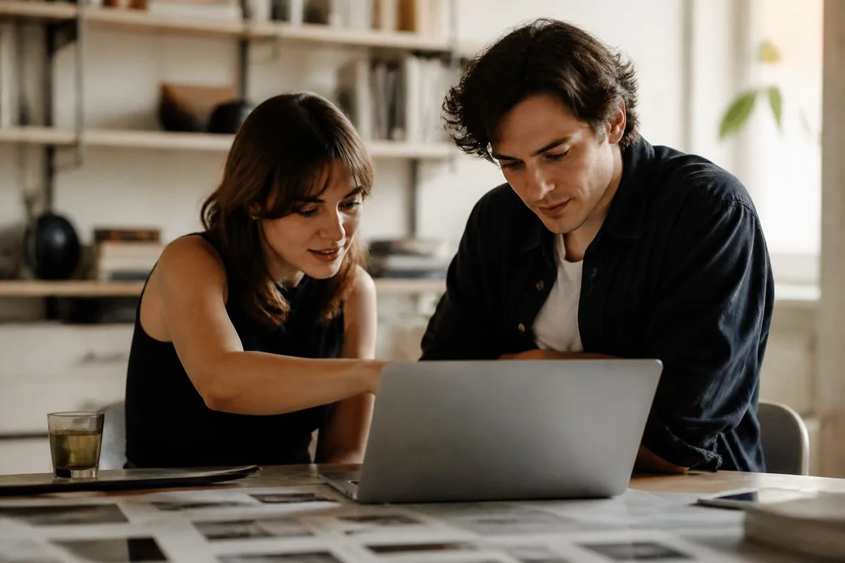 A web designer collaborating with a client over a laptop screen.