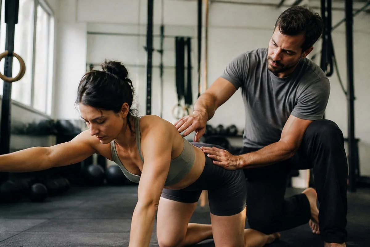 A gym trainer assisting a member during a workout session