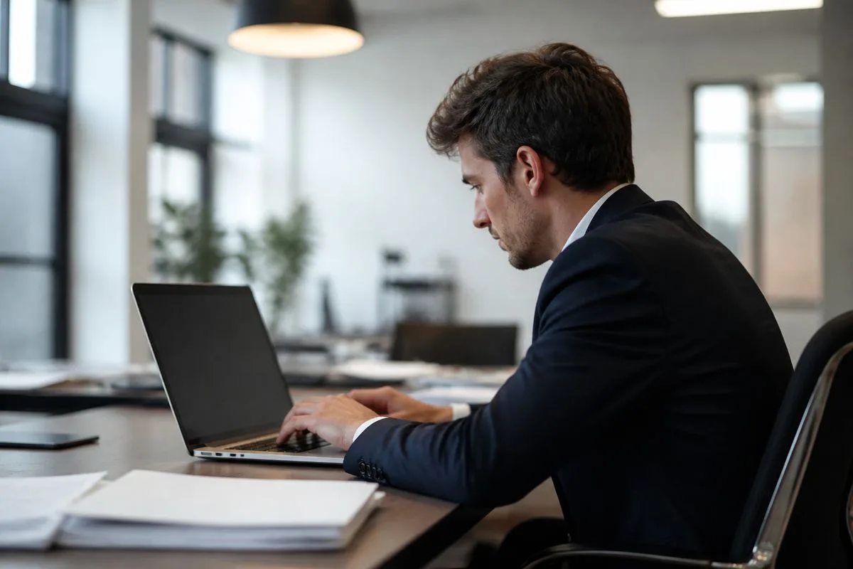 A salesperson using AI-powered software on a laptop in an office.