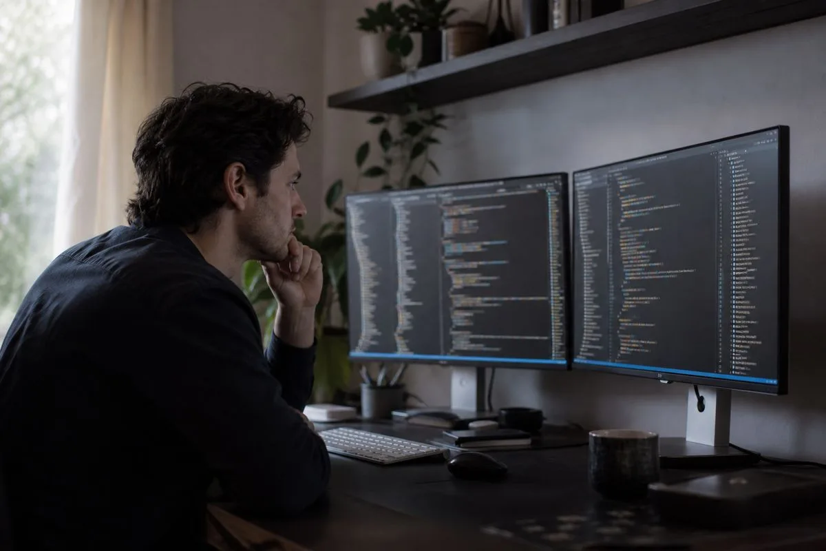 A software engineer reviewing multiple code repositories on dual monitors
