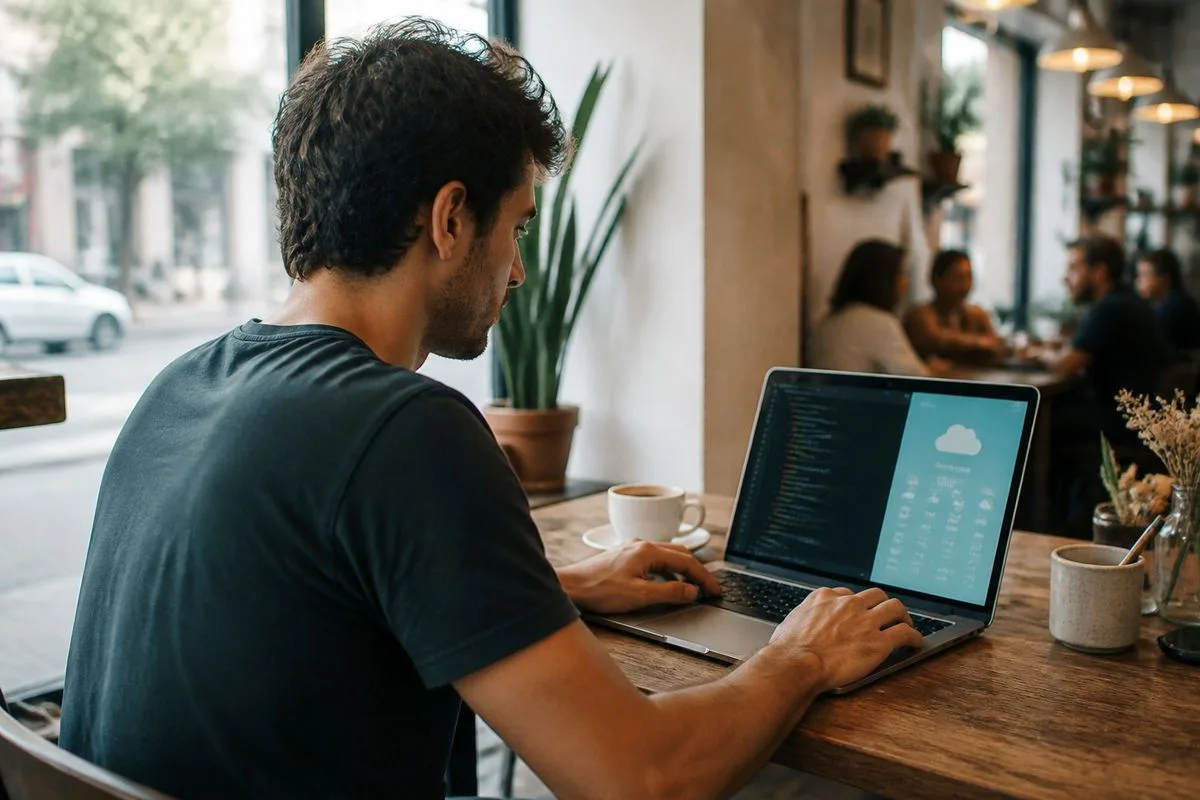 A developer coding weather app on a laptop in a café