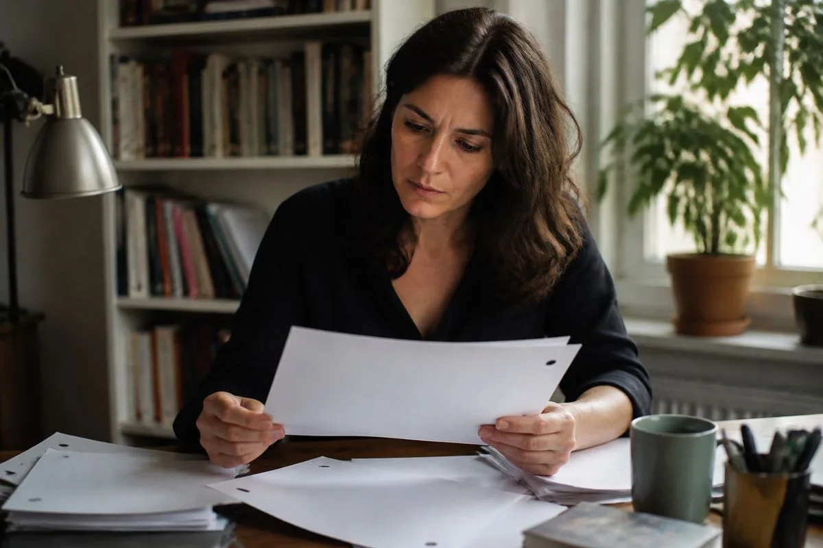 An author reviewing printed manuscript pages at a desk