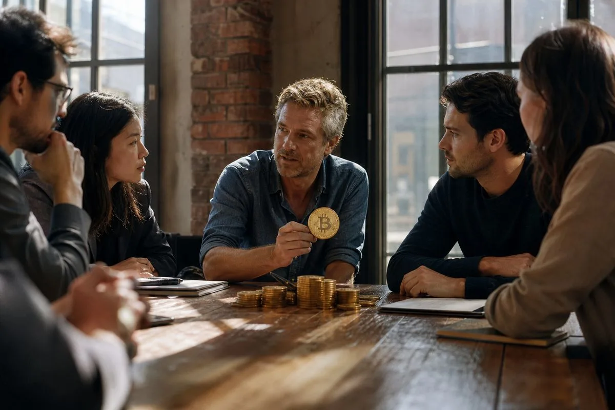 A group of people discussing bitcoin around a conference table