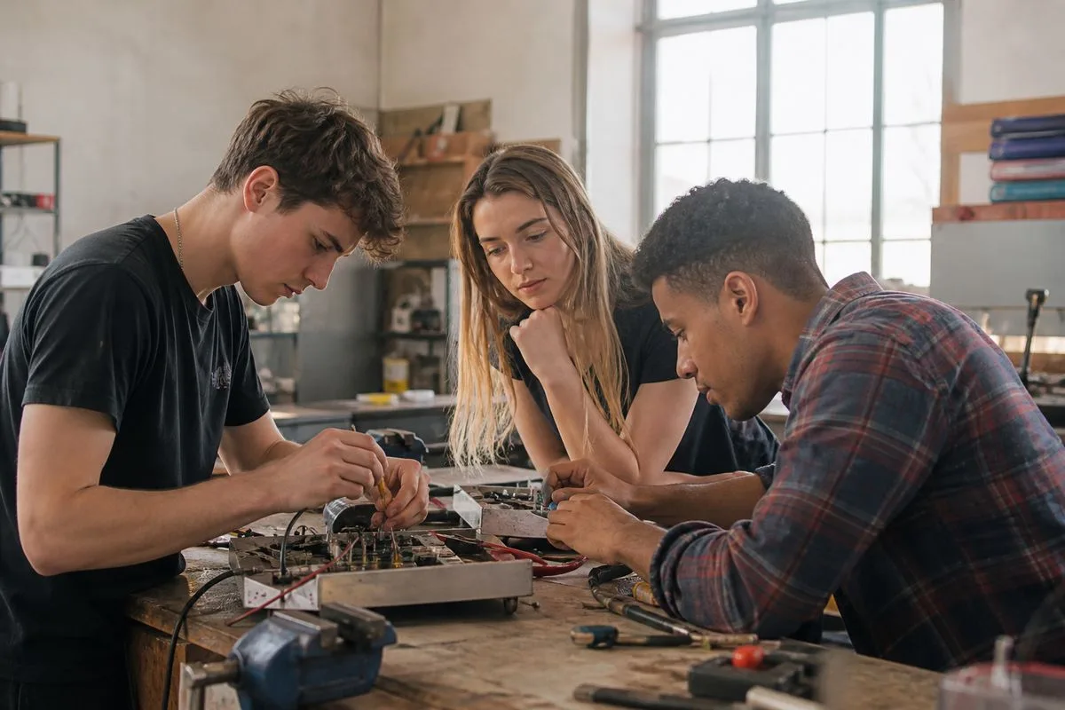 Students collaborating on technical projects in a modern workshop