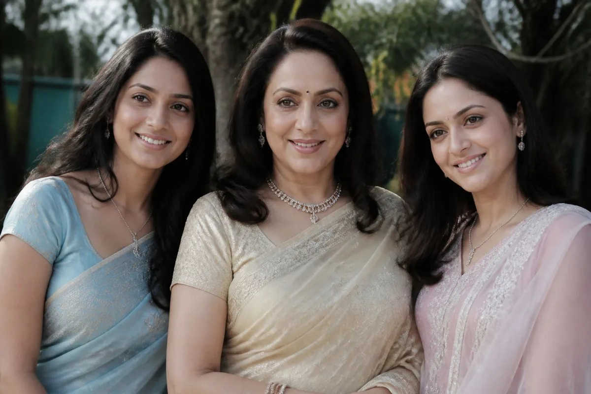 Hema Malini smiling with daughters Esha and Ahana outdoors