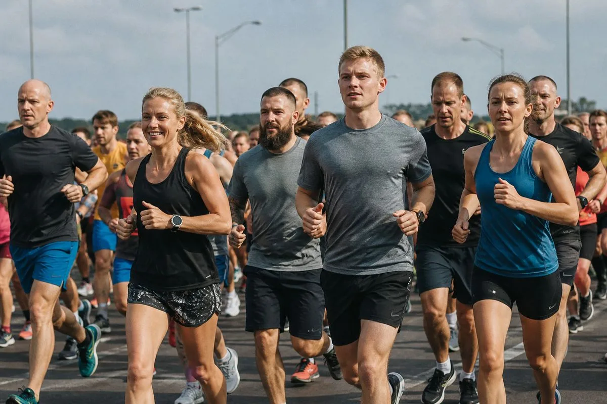 Runners crossing the Great North Run starting line together