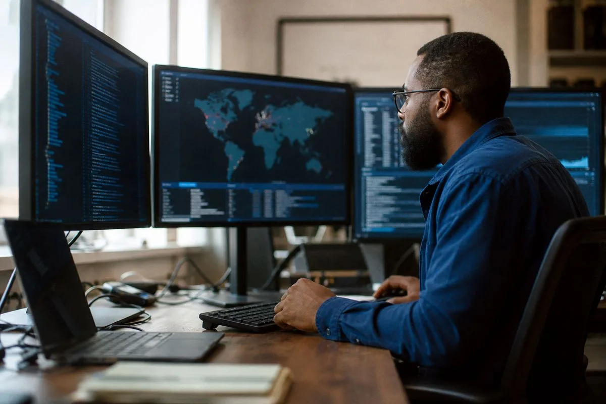 A cybersecurity expert analyzing data on multiple monitors