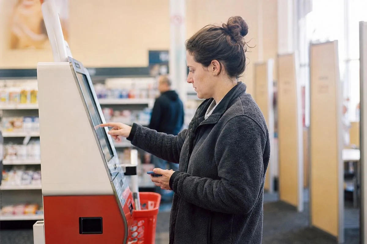 A customer using a CVS self-service kiosk inside the store
