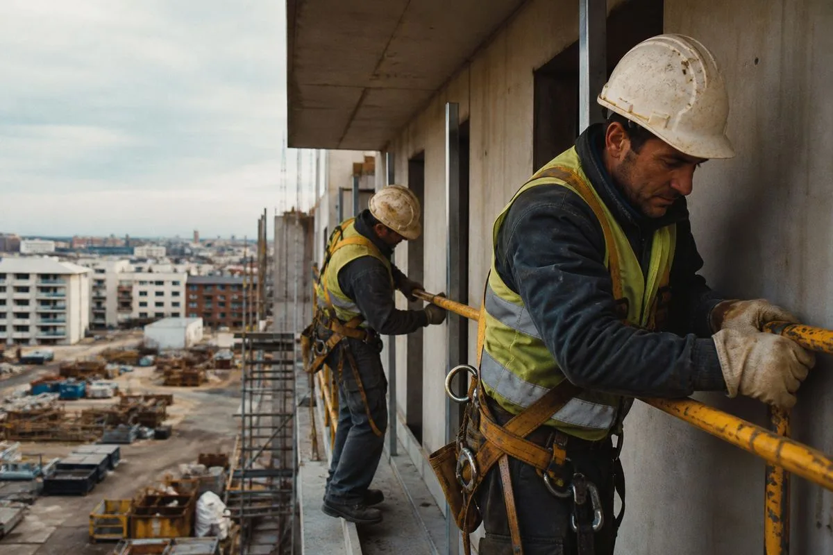 Workers installing safety rails at a construction site