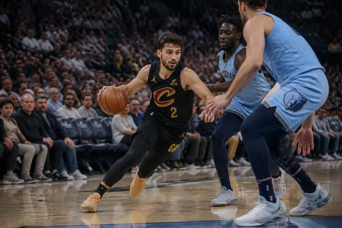 Ty Jerome dribbling past defenders during a Memphis game