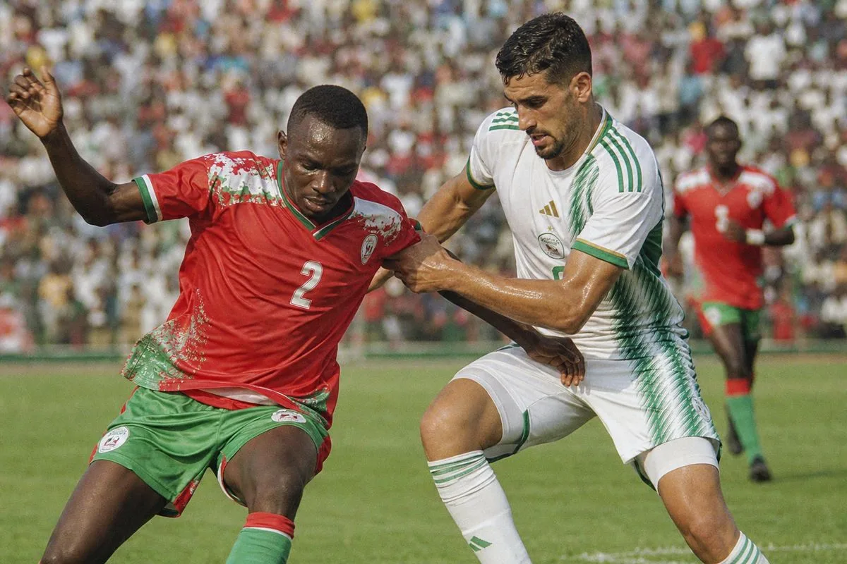 Players from Burundi and Algeria competing intensely on the field