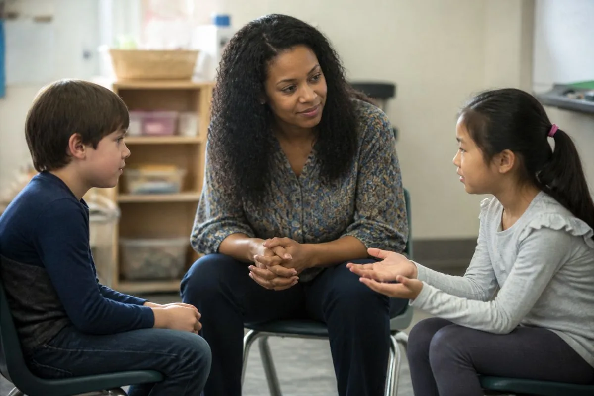 Two primary school children resolving a conflict with a mediator present