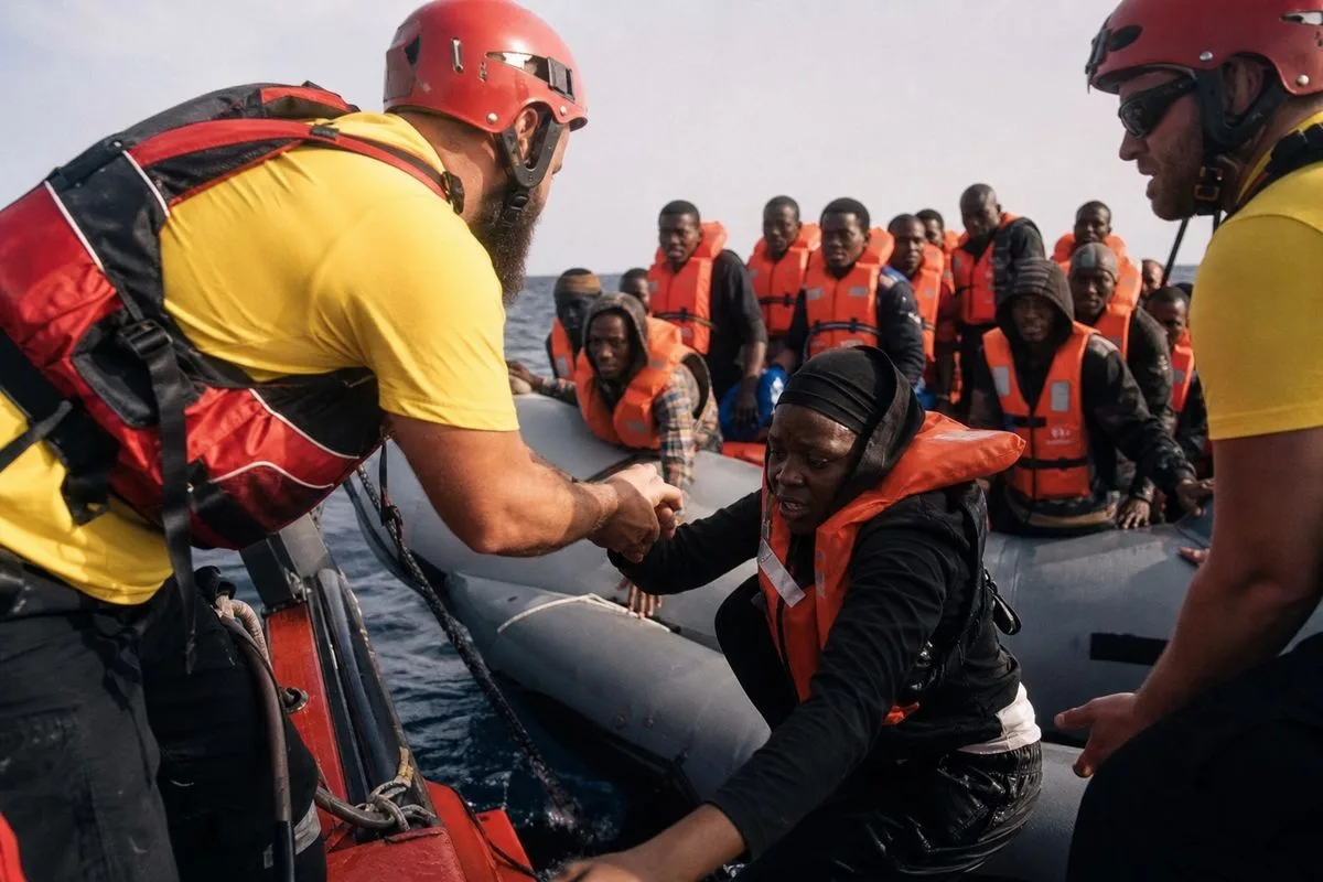 Rescue workers helping asylum seekers onto boats at sea