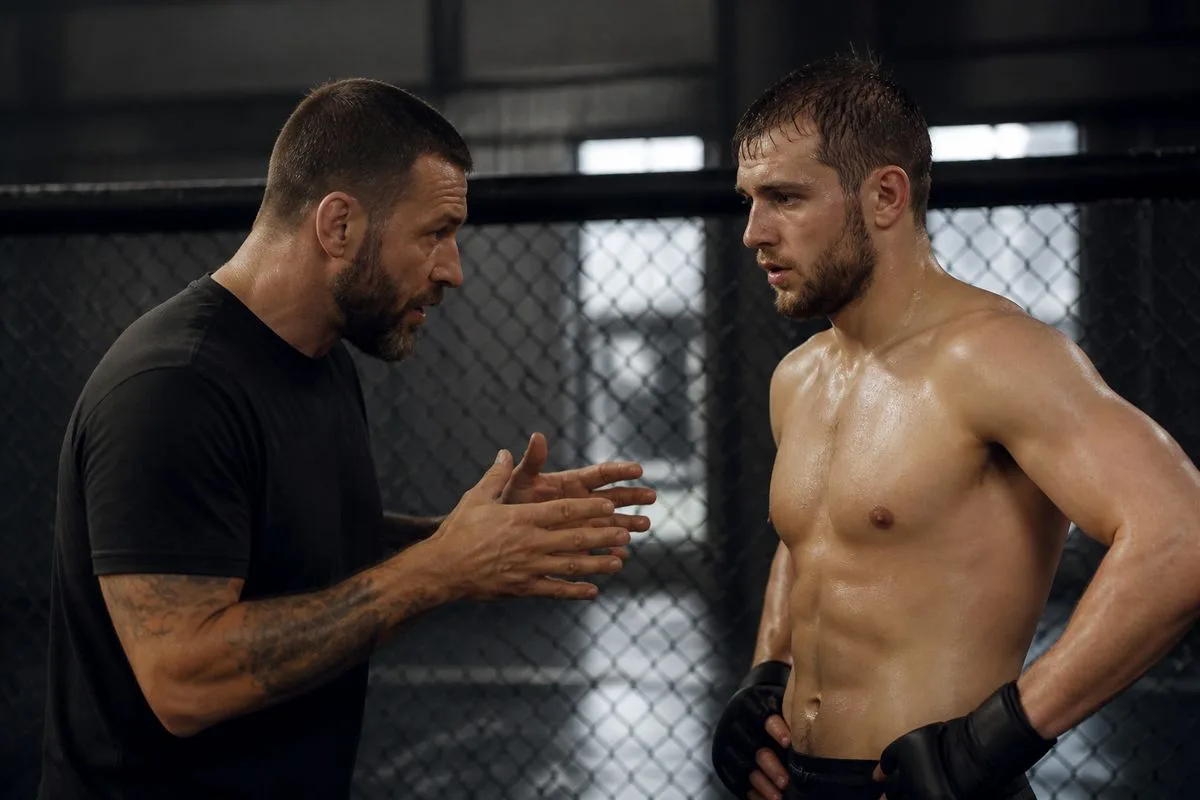A mixed martial arts coach instructing a focused fighter in the gym
