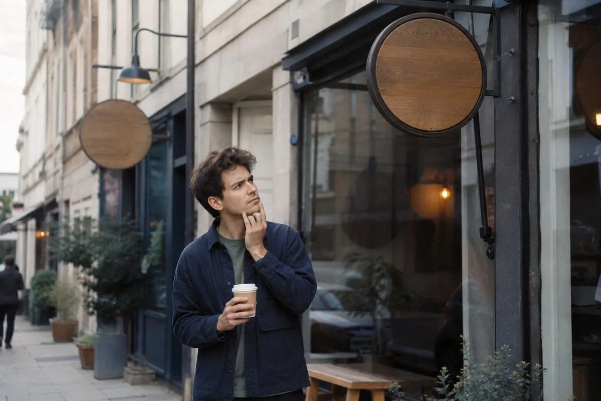 A confused customer comparing coffee shop signs on a city street