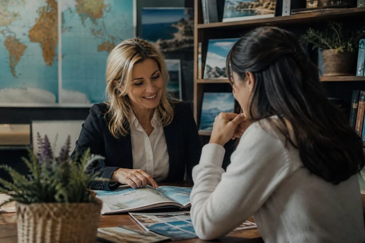 A travel agent consulting with a client over trip plans