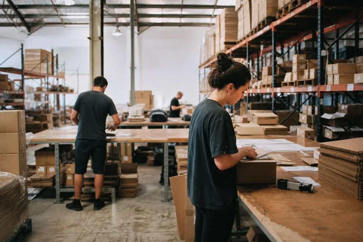 An ecommerce warehouse with workers packing orders