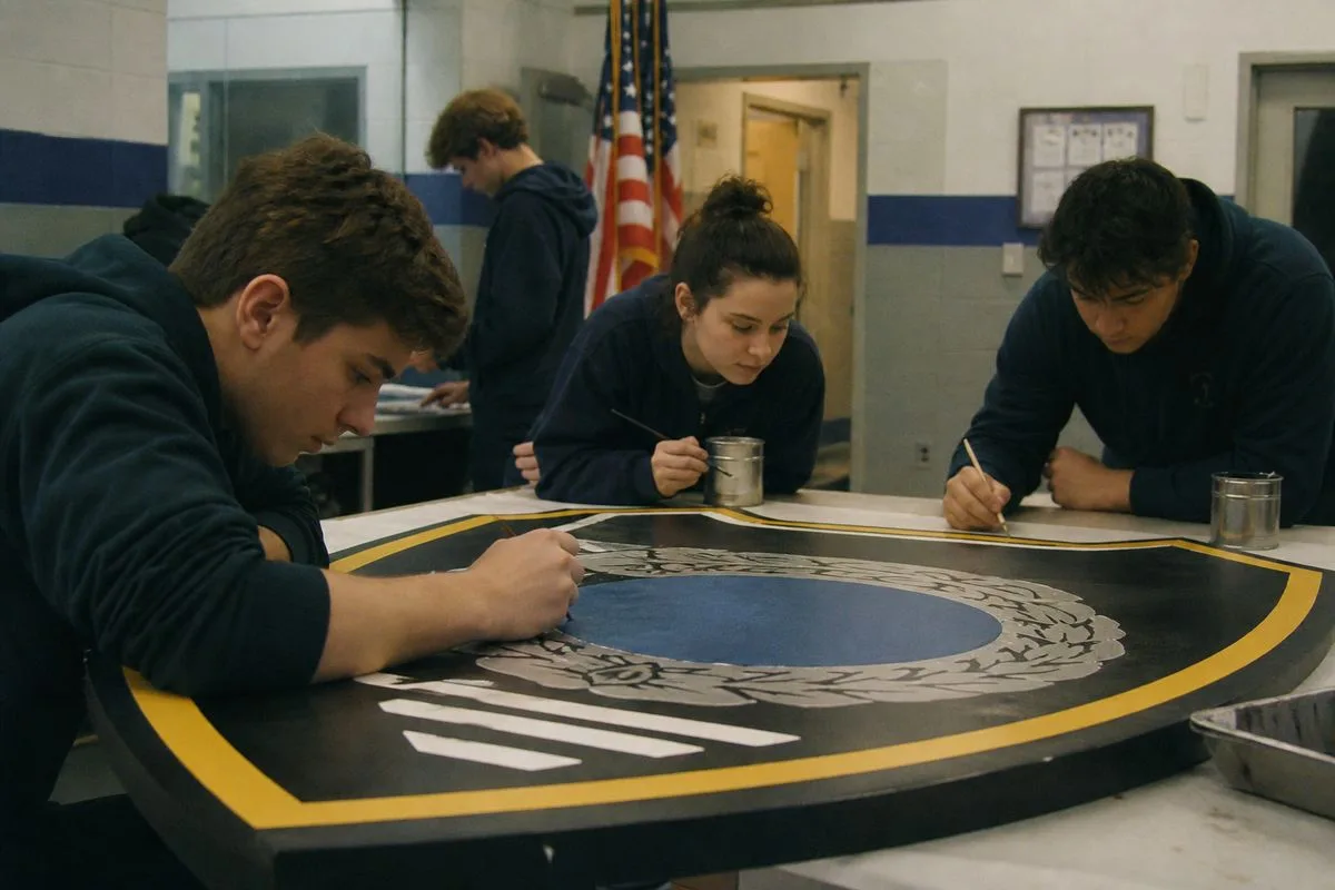 Worcester Tech students repainting police patch at headquarters