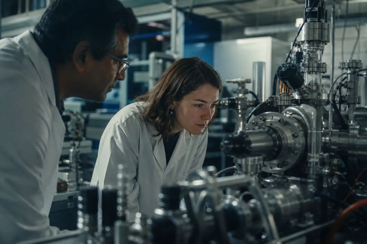 Scientists observing quantum experiments in a high-tech lab