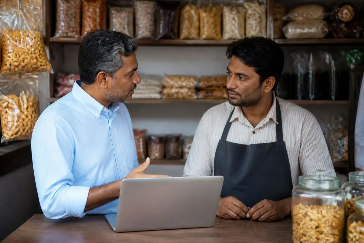 A business manager discussing online orders with a small shop owner