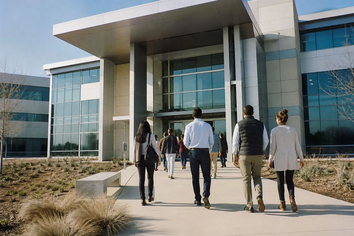 Micron Technologies headquarters with employees entering the building