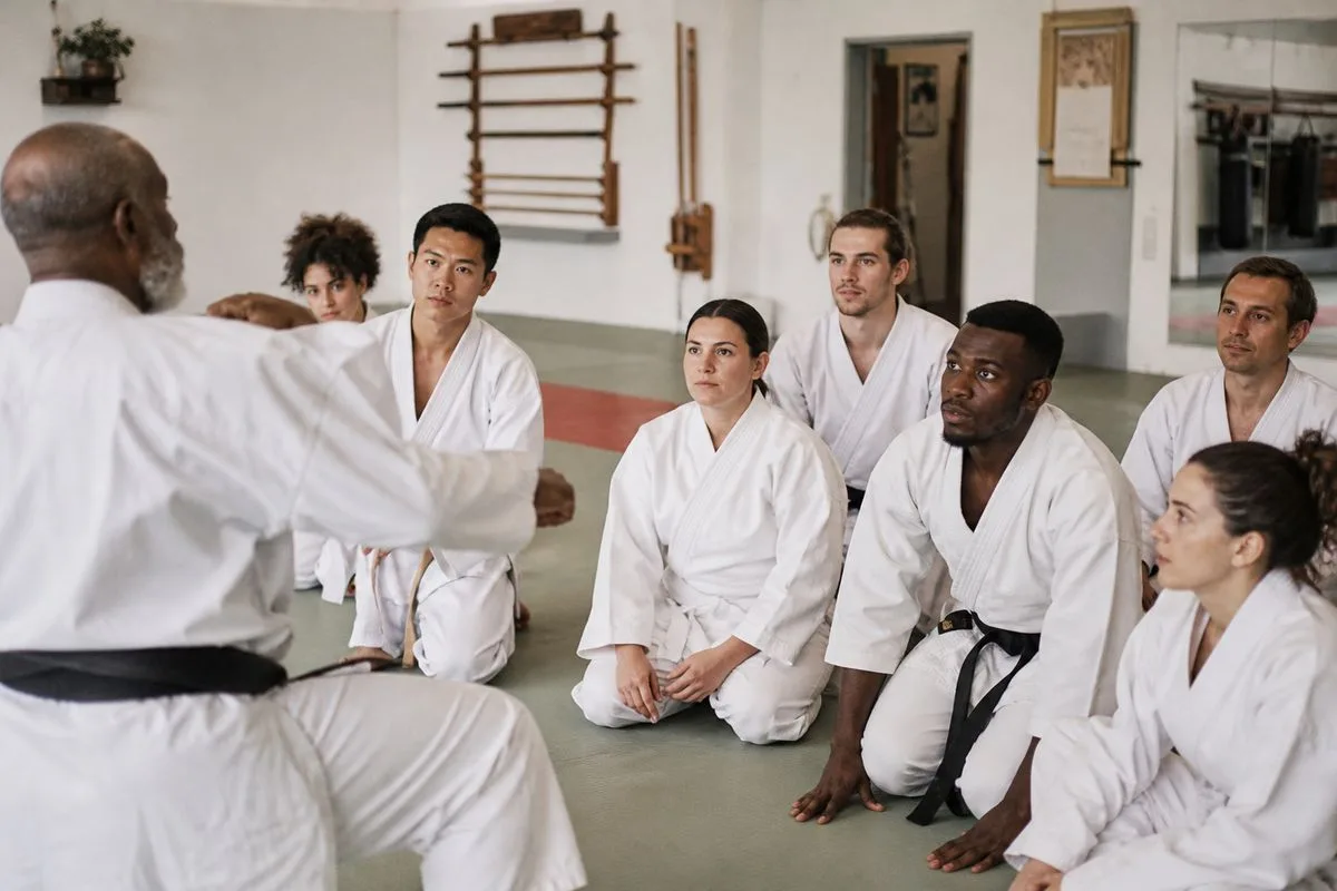 A coach instructing a diverse martial arts class in session