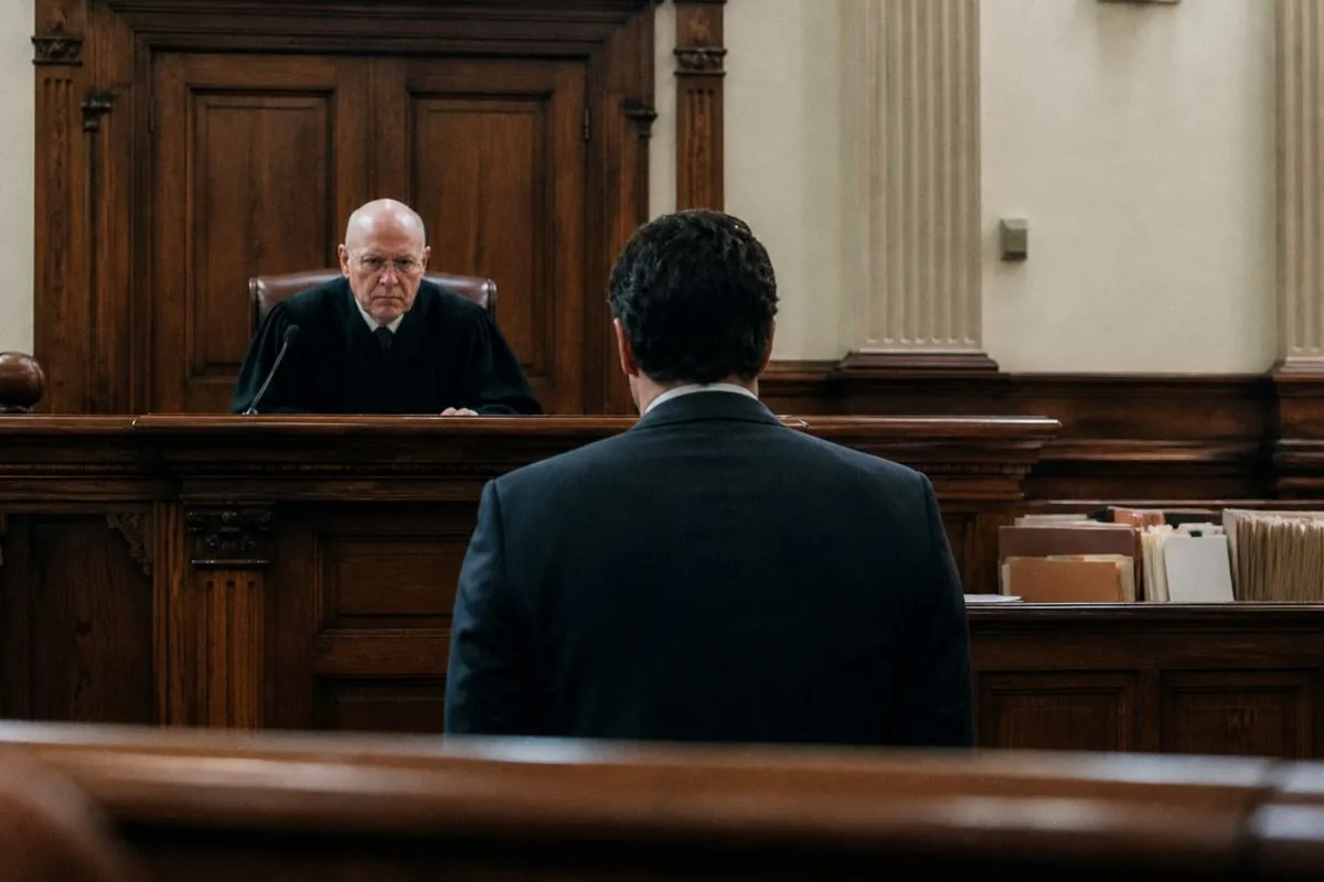 A somber courtroom with a defendant facing the judge
