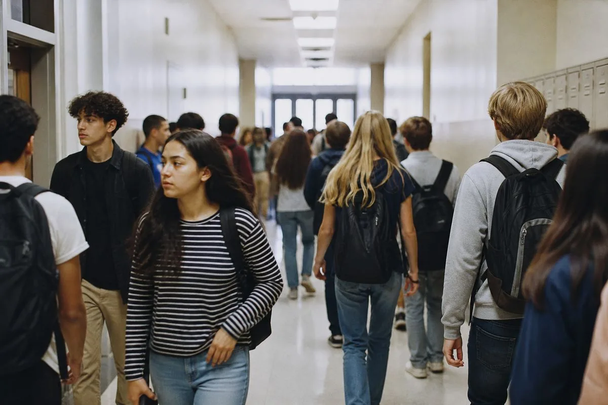 Students walking through a school hallway between classes