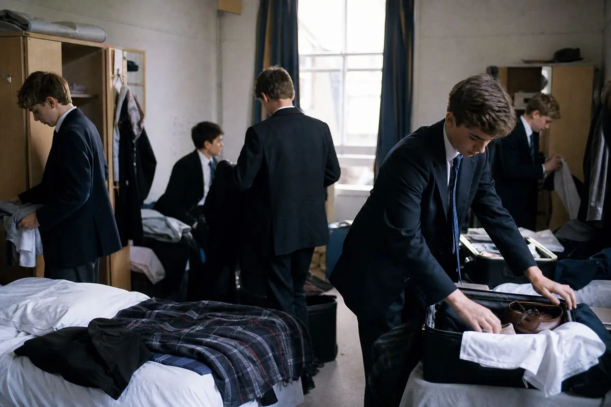 Students packing bags in a crowded dormitory room at Eton College
