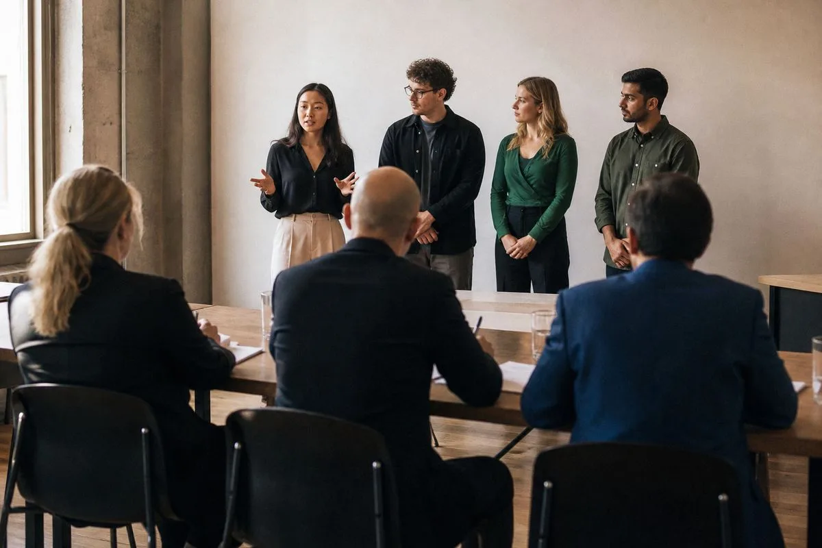 Students pitching startup ideas to a panel of judges