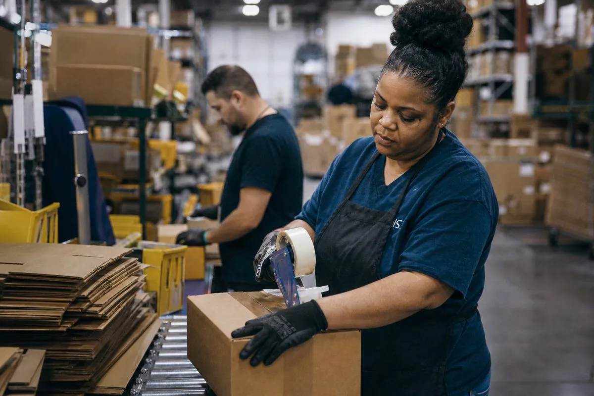 Warehouse workers packing and labeling Amazon orders for shipment