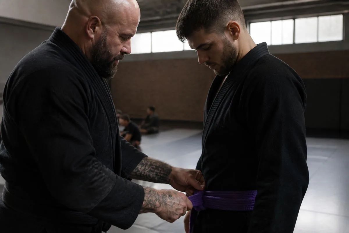 An instructor awarding a belt to a focused MMA student