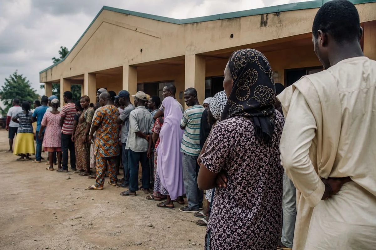 Voters queuing outside a Nigerian INEC office to collect PVCs