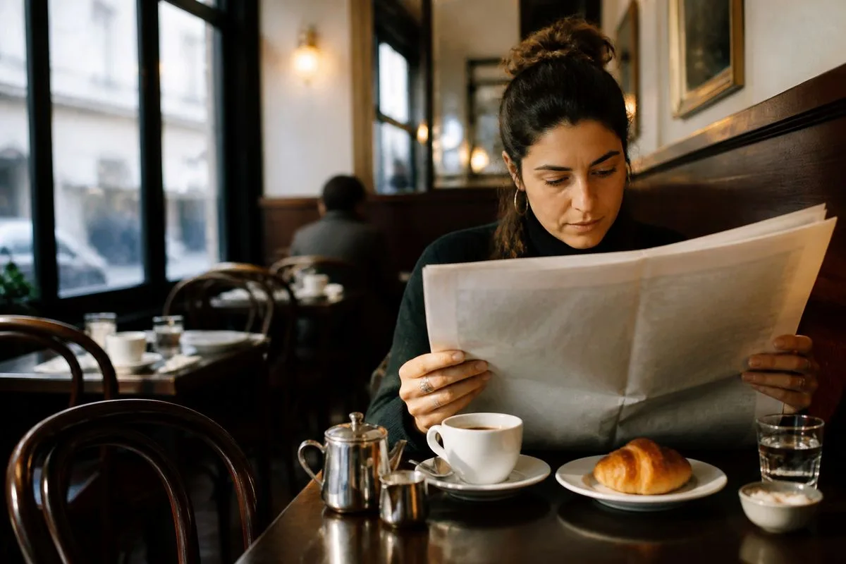 A person reading a newspaper at a cozy café table