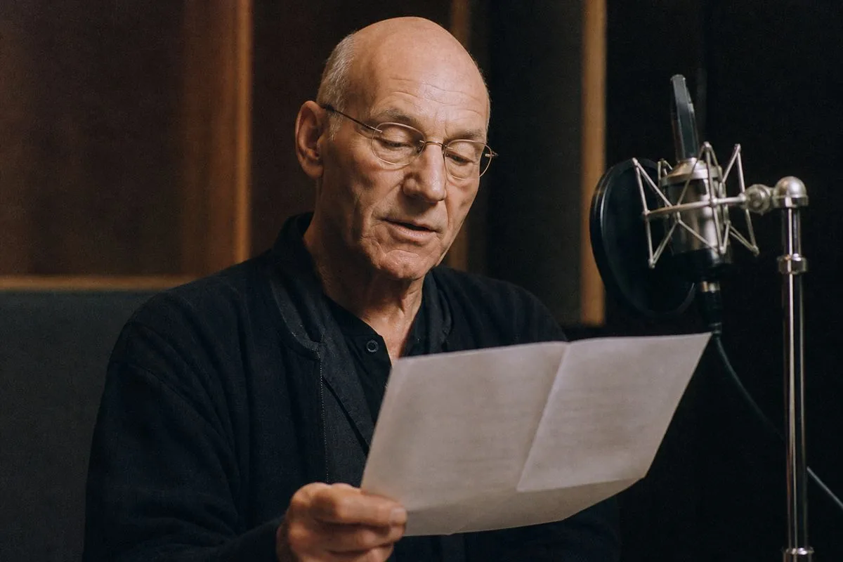 Patrick Stewart recording Shakespeare sonnets in studio.