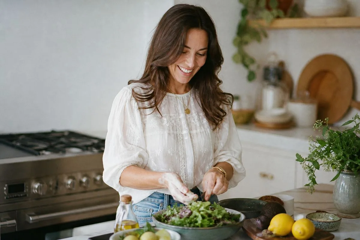 Nicole Hunn cooking gluten-free recipes in a bright kitchen