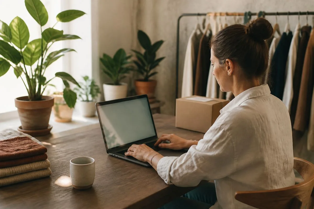 An entrepreneur setting up an online store on a laptop