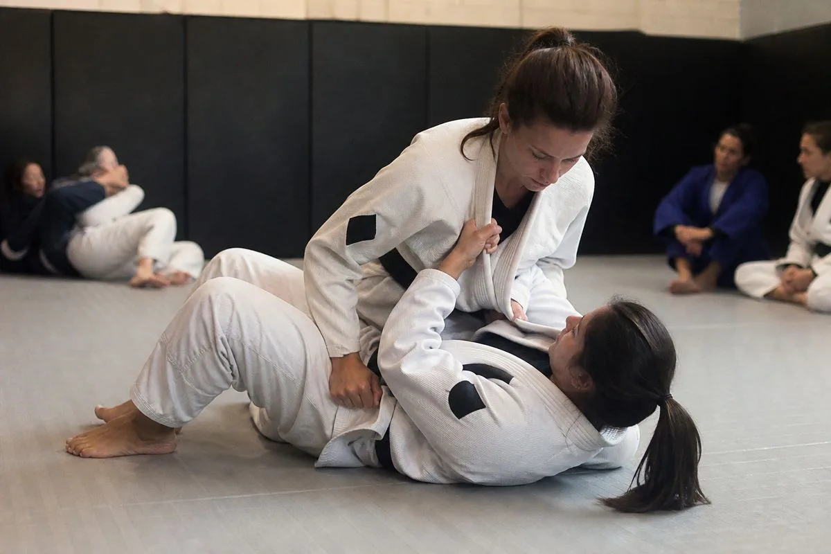 A beginner class practicing Brazilian jiu jitsu techniques.