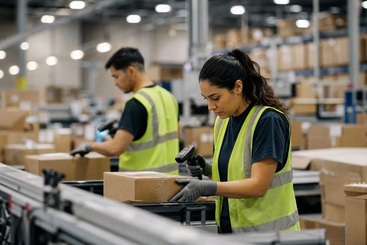 Workers scanning packages in a high-tech fulfillment center