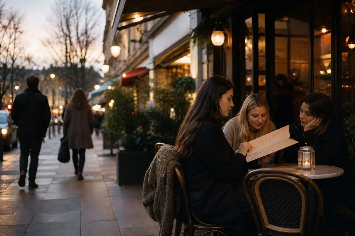 Customers browsing menus outside a London café at dusk