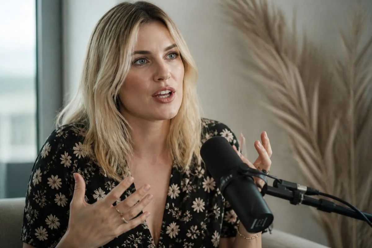 Ashley James speaking passionately during a podcast recording session