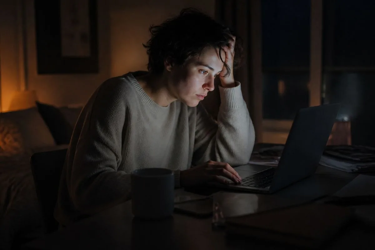 A person typing anxiously on a laptop at night