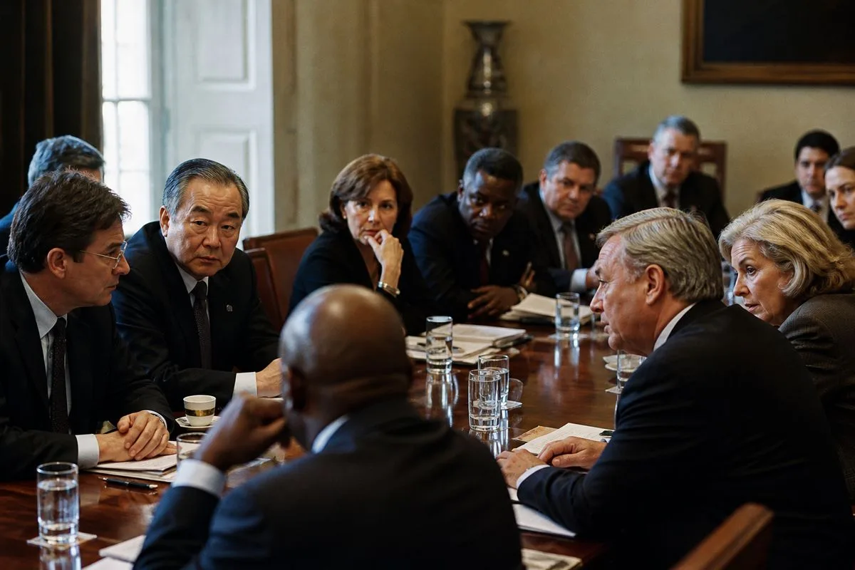 A diverse group of diplomats in a tense meeting room