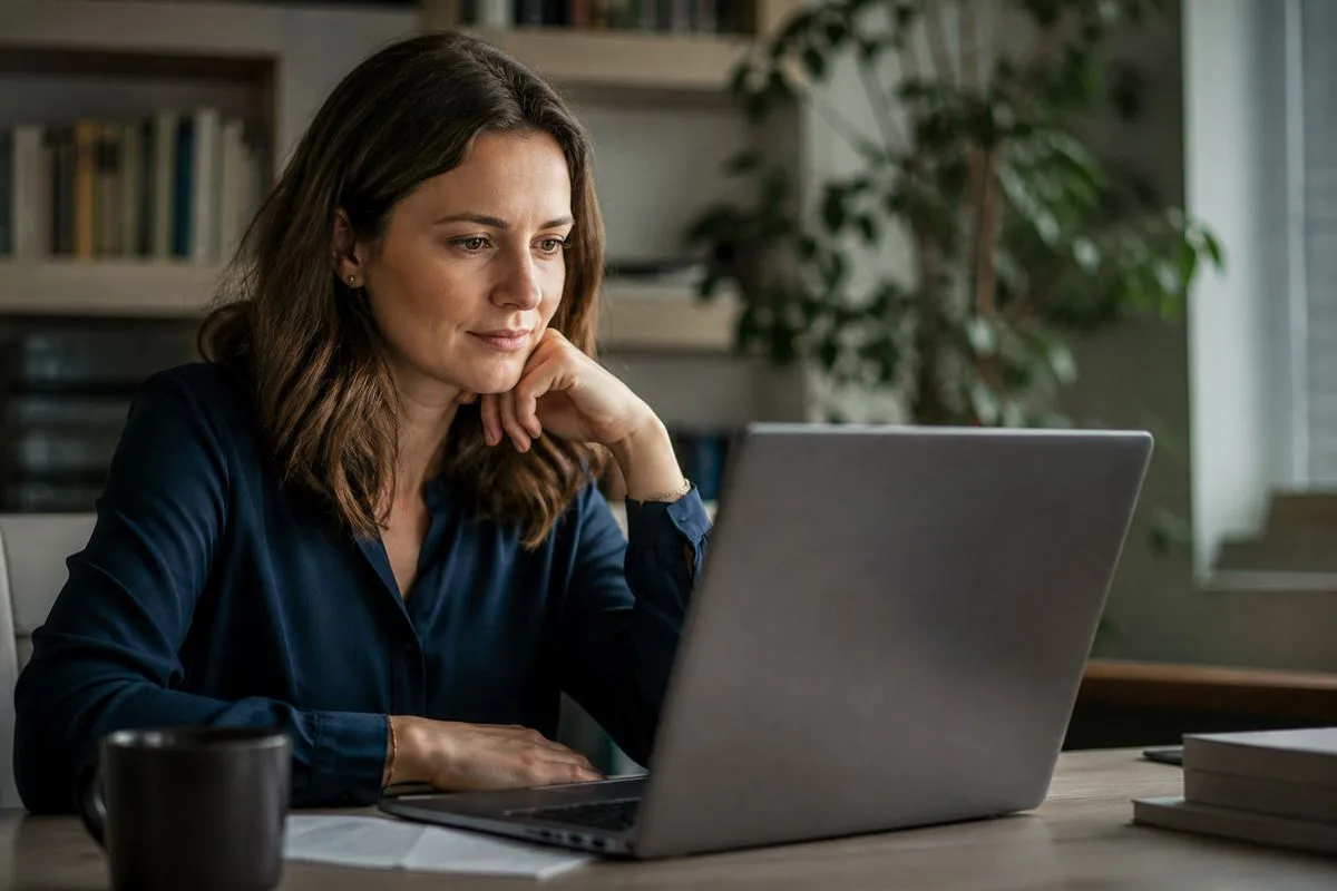 A professional reviewing AI course options on a laptop screen