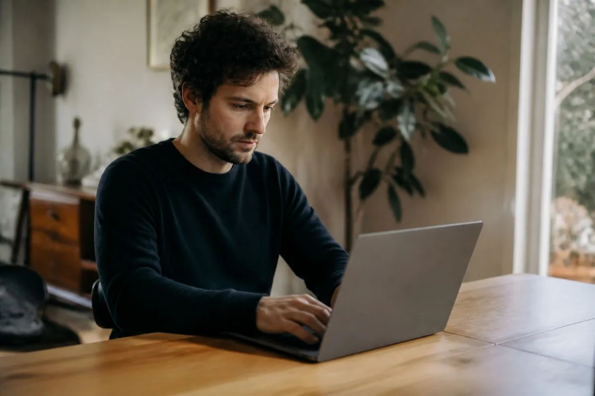 A programmer using AI-powered no-code software on a laptop
