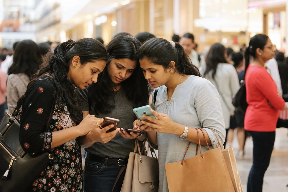 Shoppers comparing deals on their smartphones in a crowded mall
