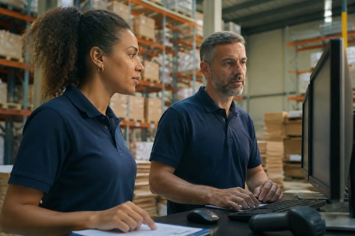 Warehouse staff monitoring inventory on digital screens